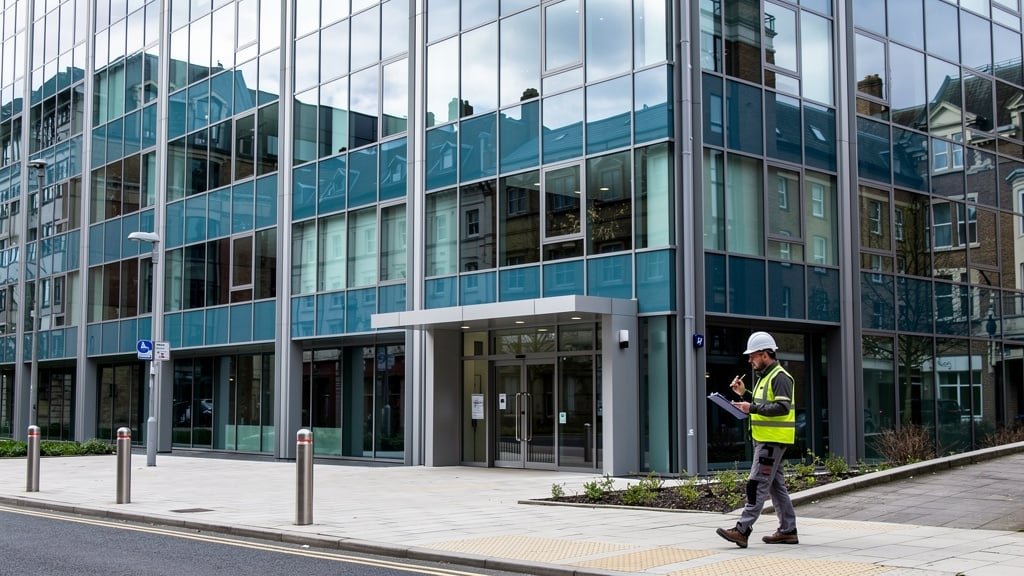 Surveyor conducting a commercial building survey on a modern UK office block