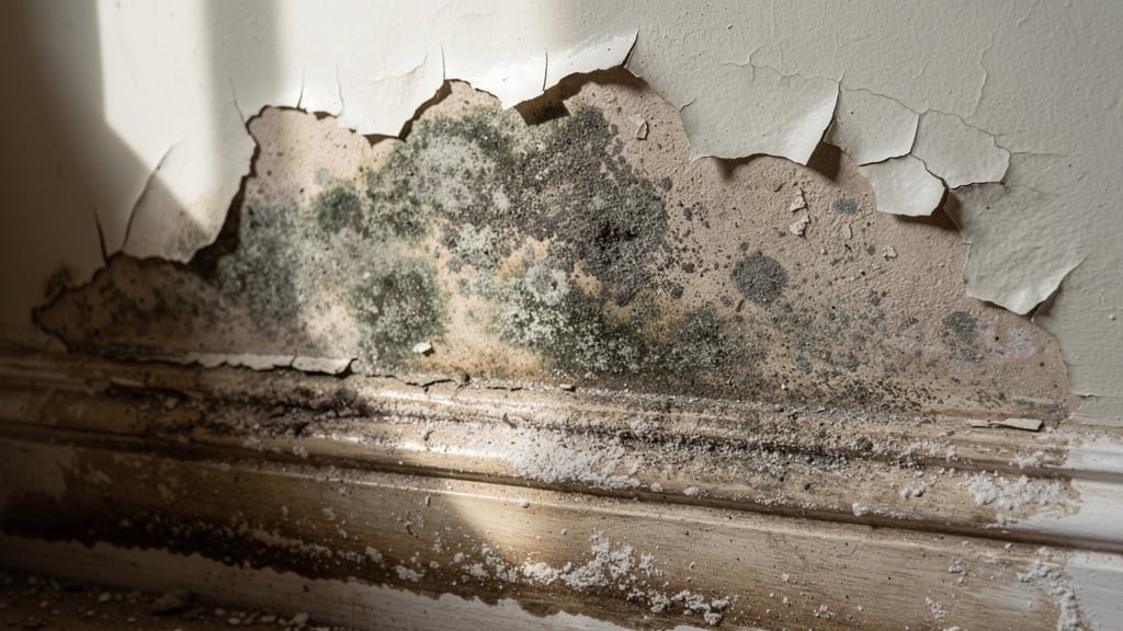 Damp and mould on an interior wall of a British house — a common finding in building surveys