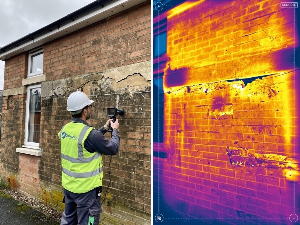 Thermal imaging survey showing heat loss through a British property wall — energy efficiency assessment